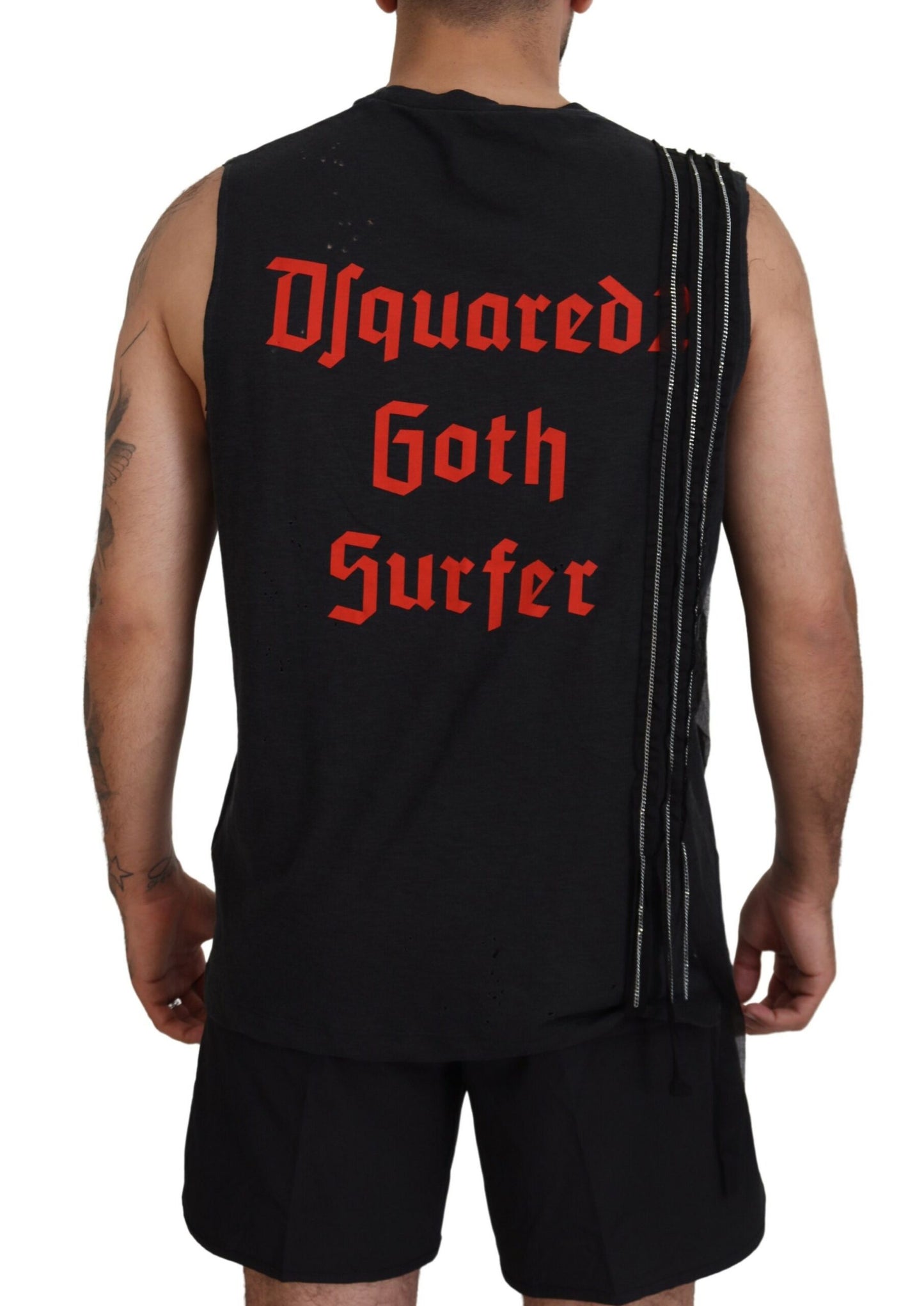 Dsquared² Schwarzes, ärmelloses Tank-T-Shirt mit Kettenverzierung für Herren