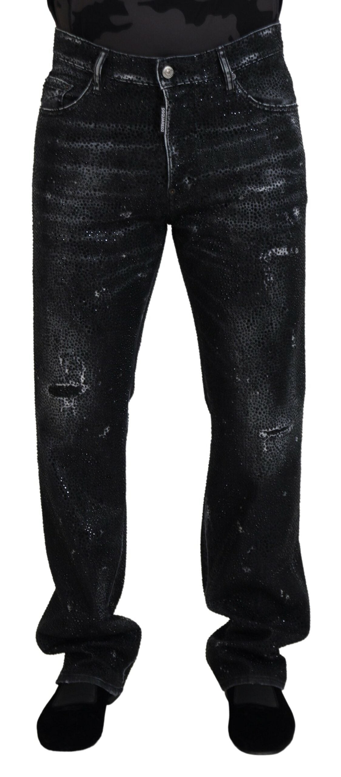 Dsquared² Schwarze, zerfetzte Jeans aus Denim mit Kristallverzierung