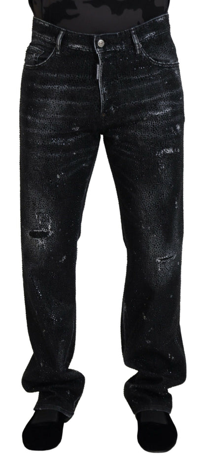 Dsquared² Schwarze, zerfetzte Jeans aus Denim mit Kristallverzierung