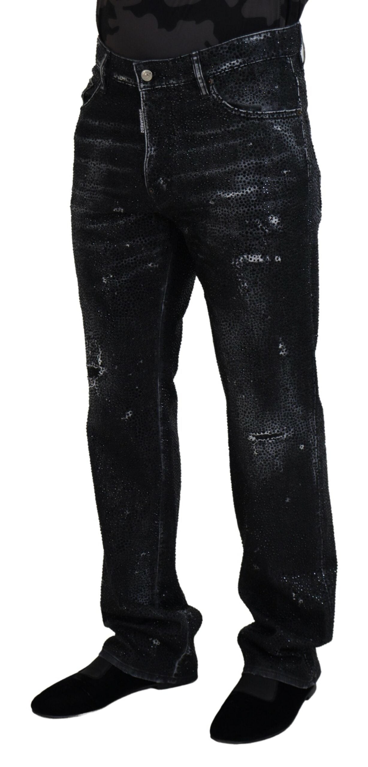 Dsquared² Schwarze, zerfetzte Jeans aus Denim mit Kristallverzierung