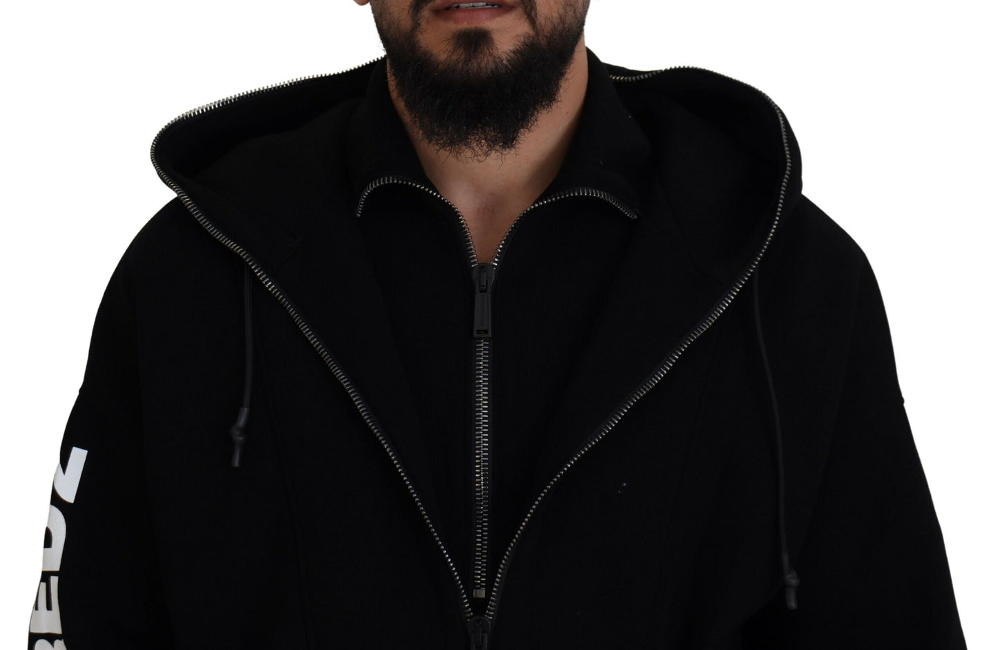 Dsquared² Schwarzer Pullover mit Kapuze und bedruckten Ärmeln und Doppelreißverschluss