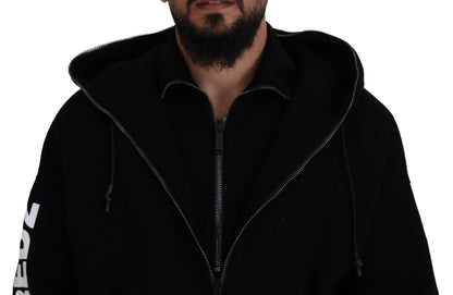 Dsquared² Schwarzer Pullover mit Kapuze und bedruckten Ärmeln und Doppelreißverschluss