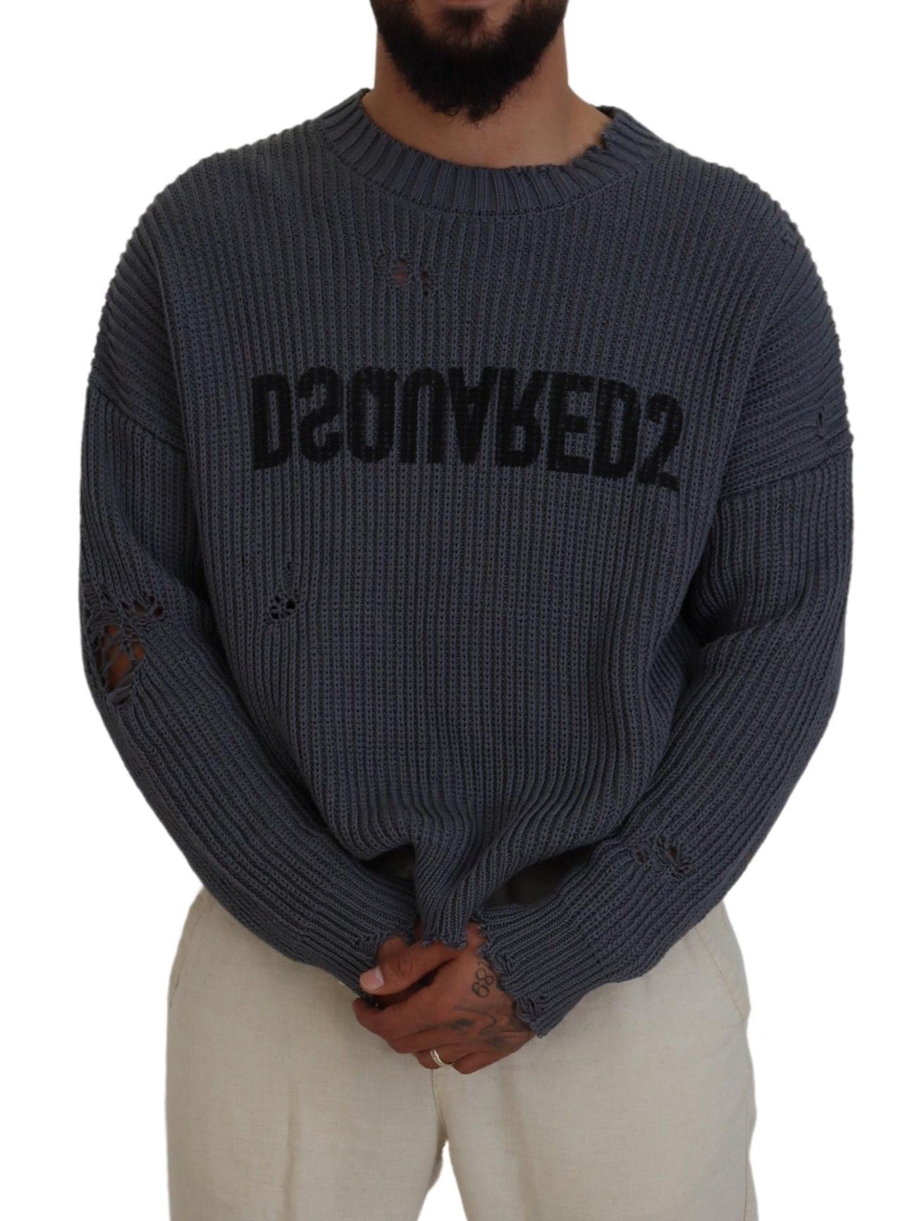 Dsquared² Grauer Herren-Pullover mit zerfetztem Strick