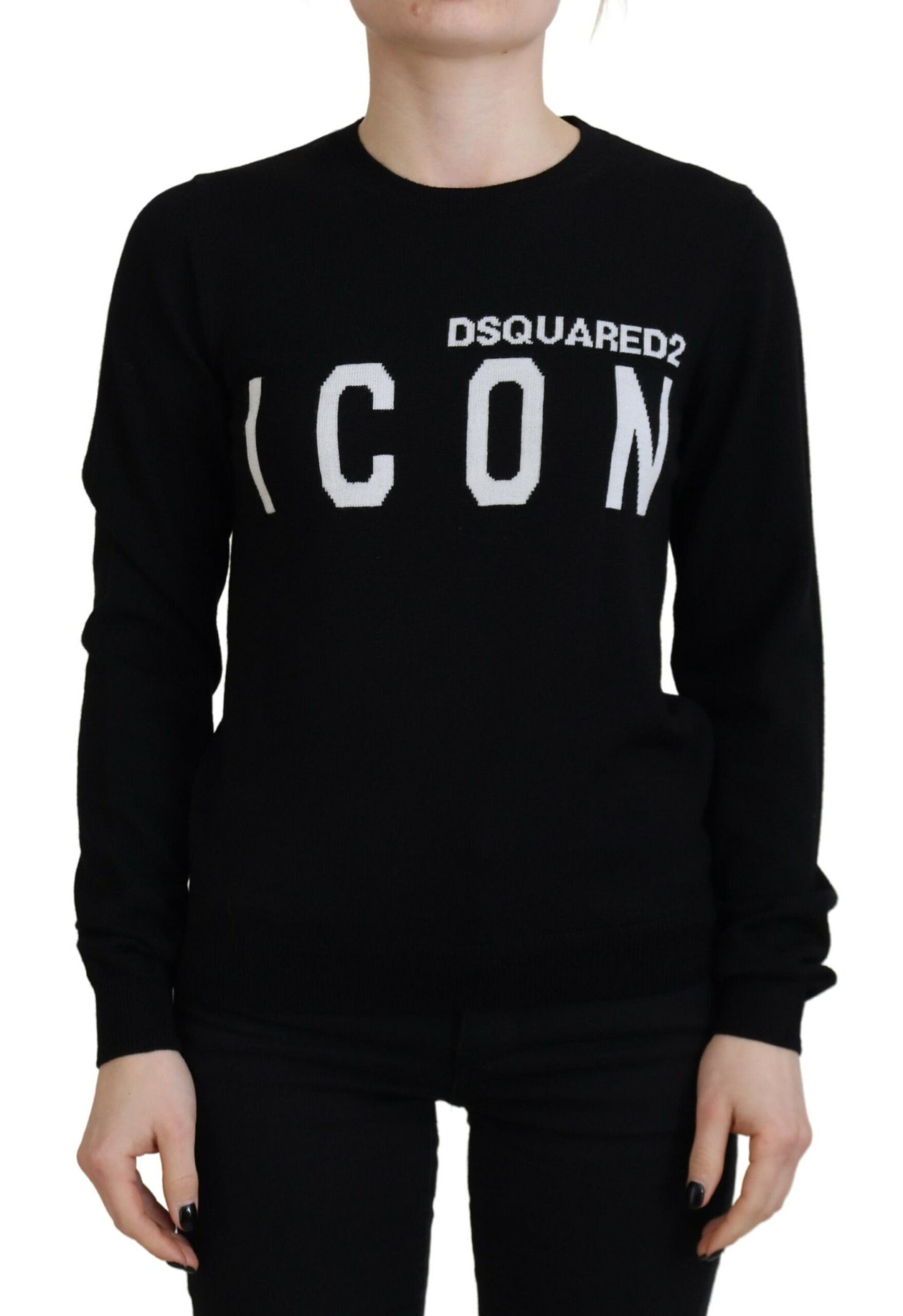 Dsquared² – Schwarzer Pullover aus Schurwolle mit Logo-Print und langen Ärmeln