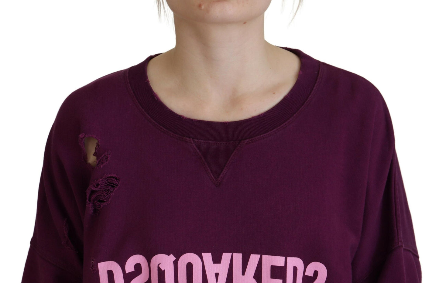 Dsquared² Lilafarbener, langärmliger Pullover aus Baumwolle mit Distressed-Print