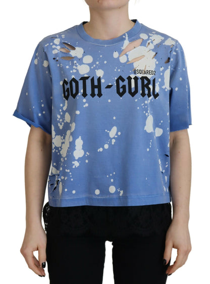 Dsquared² Blaues T-Shirt aus Baumwolle mit Goth-Girl-Print und schwarzer Spitze
