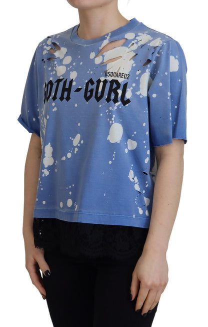 Dsquared² Blaues T-Shirt aus Baumwolle mit Goth-Girl-Print und schwarzer Spitze