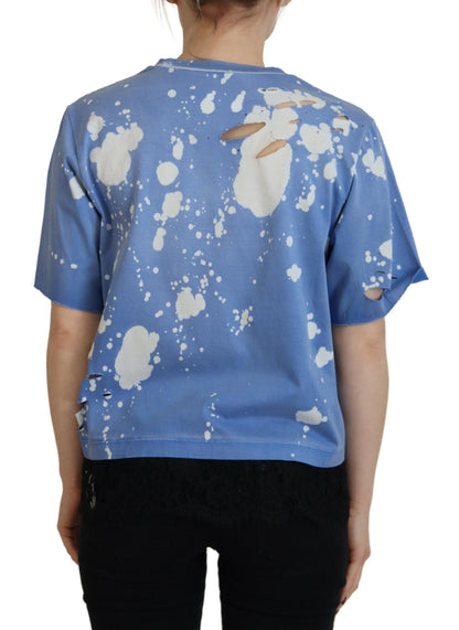 Dsquared² Blaues T-Shirt aus Baumwolle mit Goth-Girl-Print und schwarzer Spitze