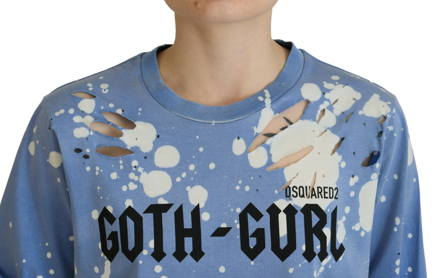 Dsquared² Blaues T-Shirt aus Baumwolle mit Goth-Girl-Print und schwarzer Spitze