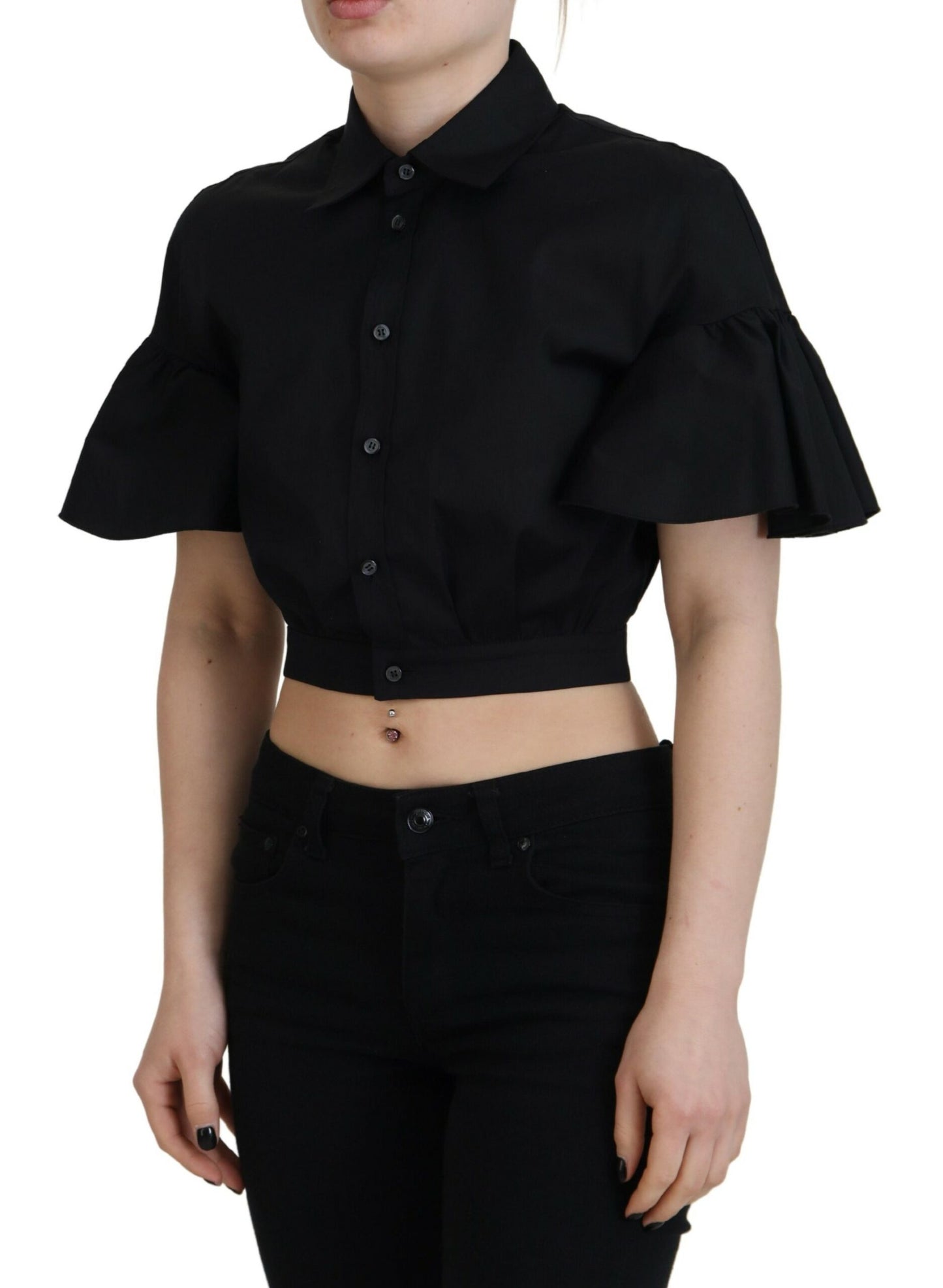 Dsquared² – Schwarzes, kurzärmliges Crop-Top mit Kragen und Knopfleiste