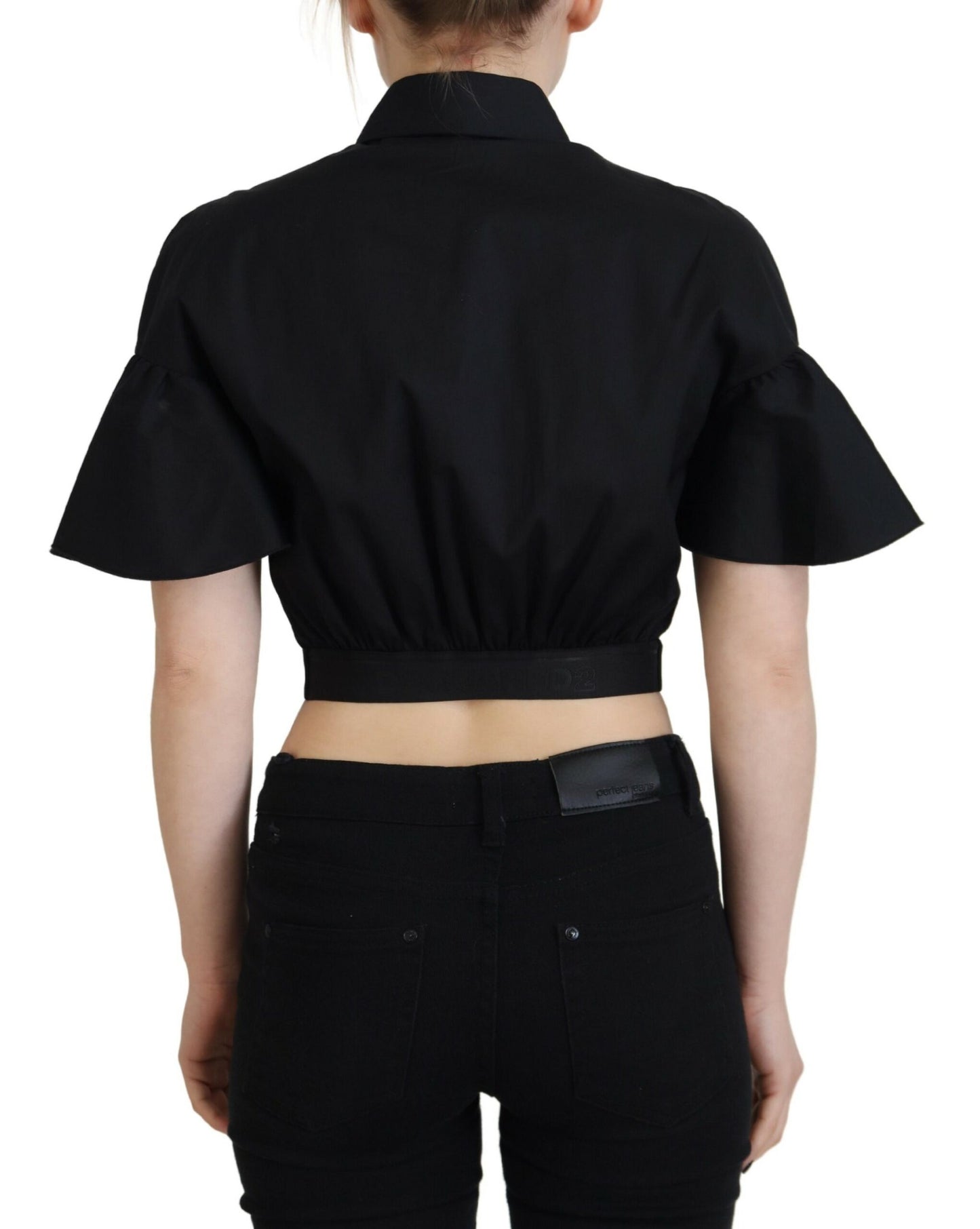 Dsquared² – Schwarzes, kurzärmliges Crop-Top mit Kragen und Knopfleiste