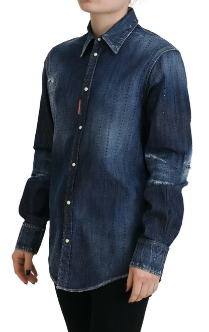 Dsquared² Blaues Jeansoberteil aus gewaschener Baumwolle mit Button-Down-Kragen