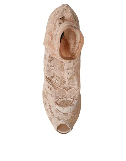 Dolce &amp; Gabbana Beige Stretch Taormina Spitze Stiefel Schuhe