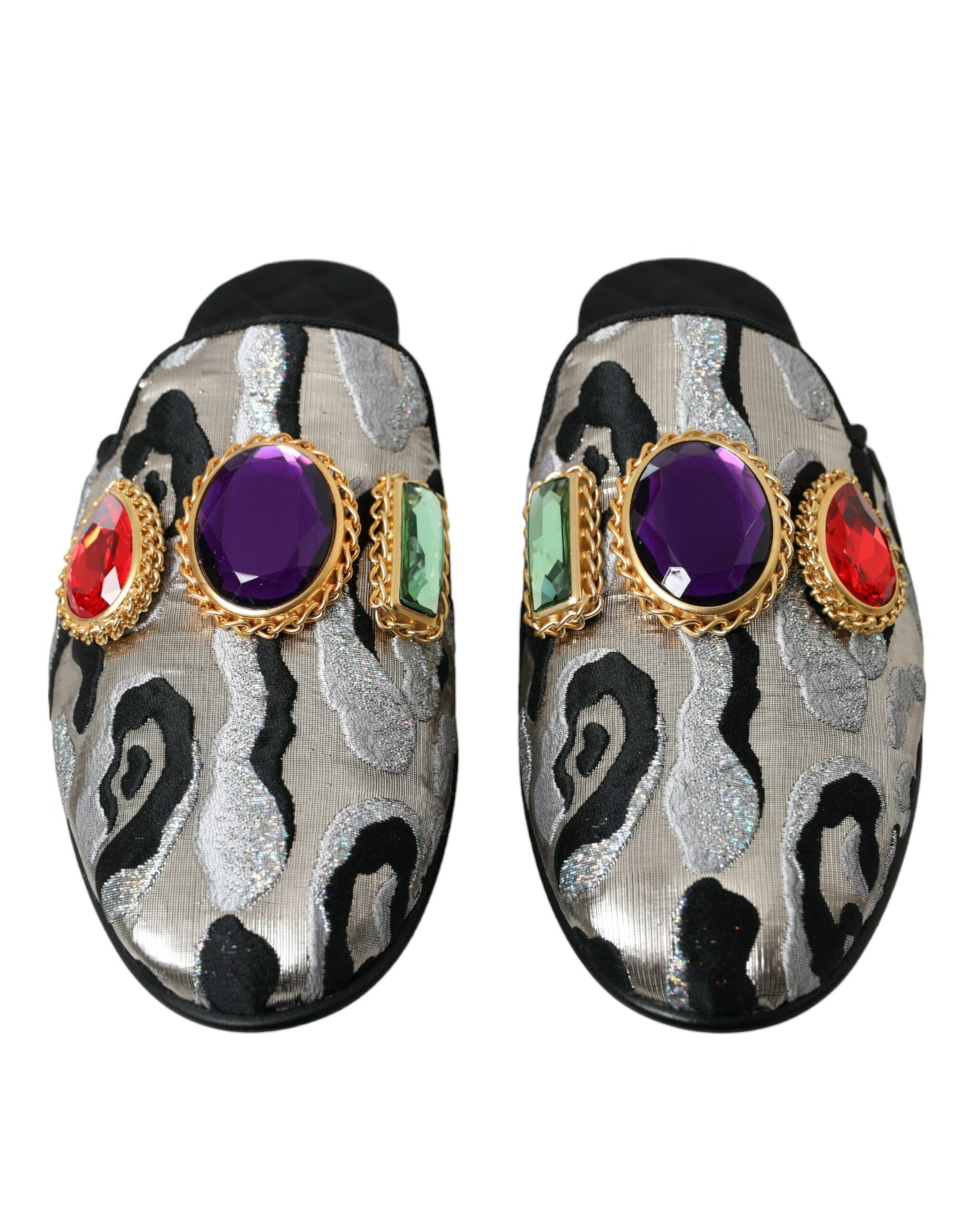 Dolce &amp; Gabbana Graue Jacquard-Mule-Flache Sandalen mit Kristallen