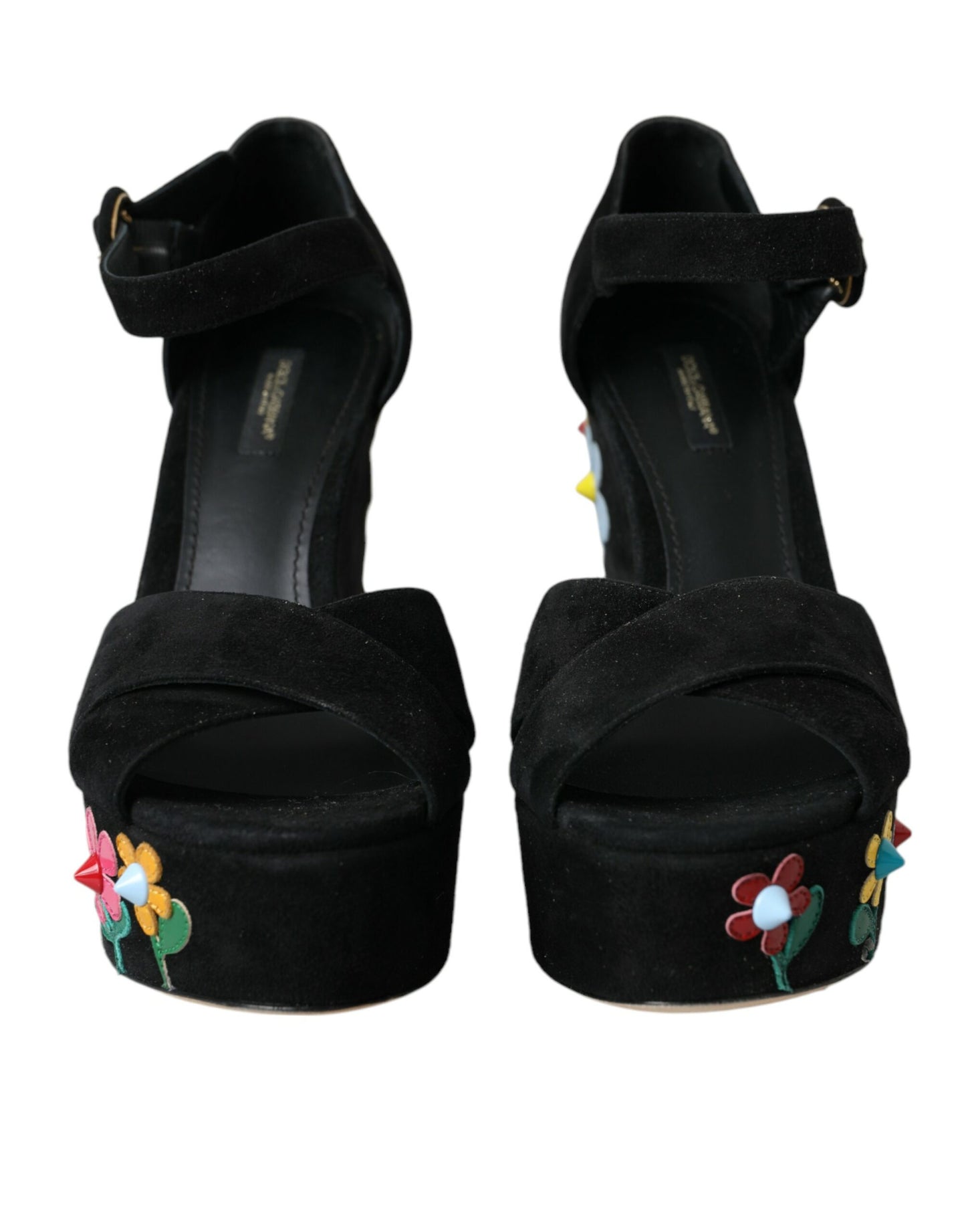 Dolce &amp; Gabbana Schwarze Sandalen mit Knöchelriemen und Blumenmuster
