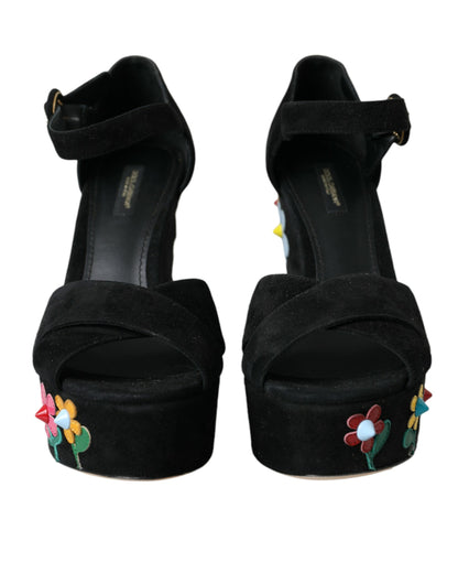 Dolce &amp; Gabbana Schwarze Sandalen mit Knöchelriemen und Blumenmuster