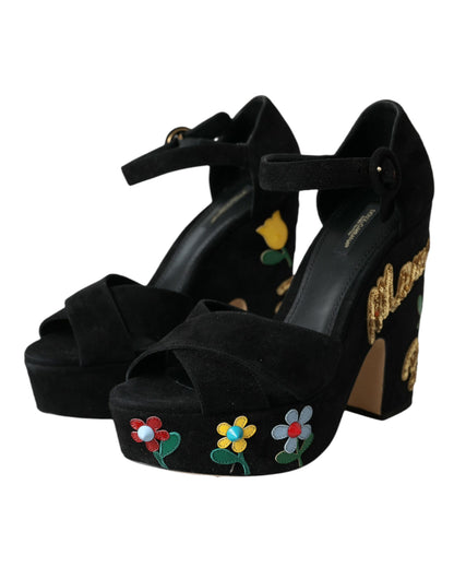 Dolce &amp; Gabbana Schwarze Sandalen mit Knöchelriemen und Blumenmuster