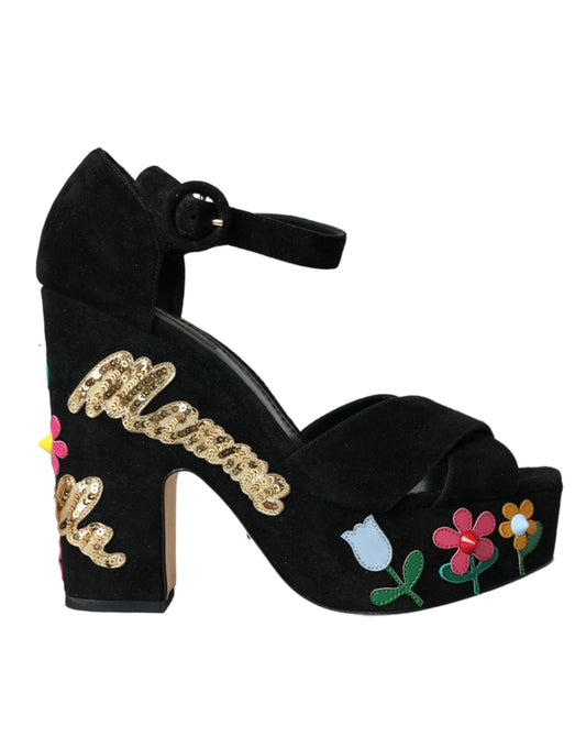 Dolce &amp; Gabbana Schwarze Sandalen mit Knöchelriemen und Blumenmuster