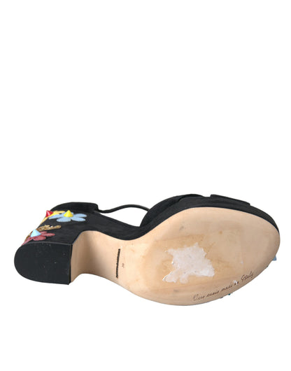 Dolce &amp; Gabbana Schwarze Sandalen mit Knöchelriemen und Blumenmuster