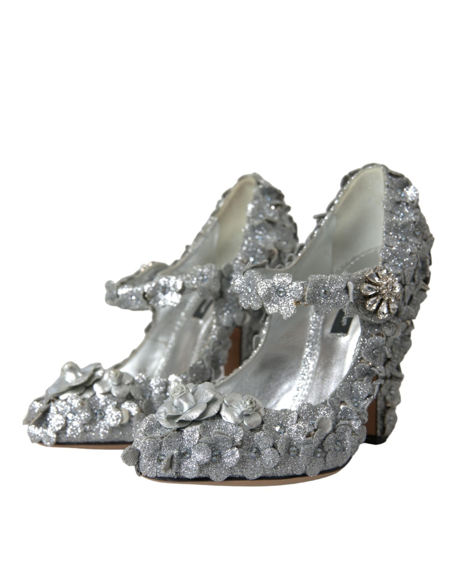 Dolce &amp; Gabbana – Mary-Jane-Pumps mit Blumenmuster und Kristallen in Silber