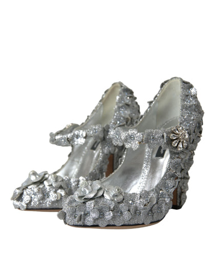 Dolce &amp; Gabbana – Mary-Jane-Pumps mit Blumenmuster und Kristallen in Silber
