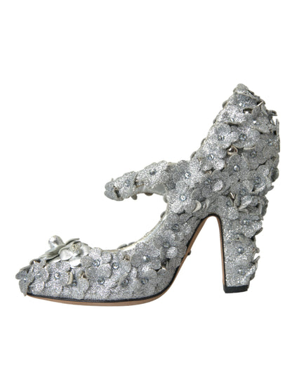 Dolce &amp; Gabbana – Mary-Jane-Pumps mit Blumenmuster und Kristallen in Silber