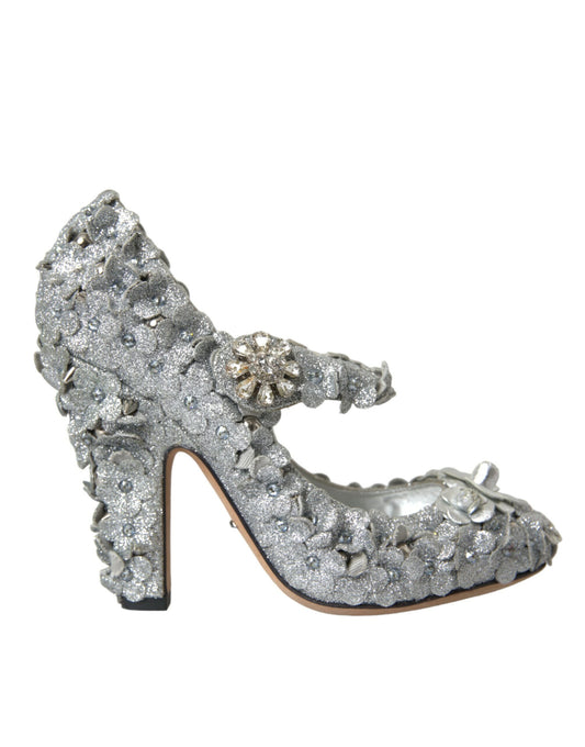 Dolce &amp; Gabbana – Mary-Jane-Pumps mit Blumenmuster und Kristallen in Silber