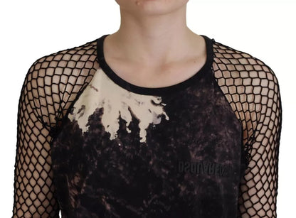 Dsquared² Schwarzes Etuikleid aus Baumwolle mit langen Ärmeln und Batikmuster