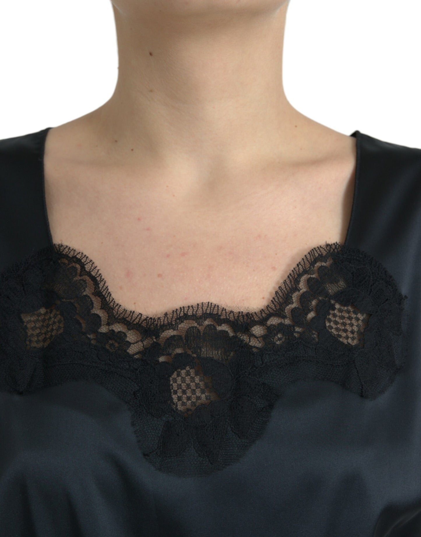 Dolce &amp; Gabbana – Schwarzes Midi-Etuikleid aus Polyester mit Spitzenbesatz