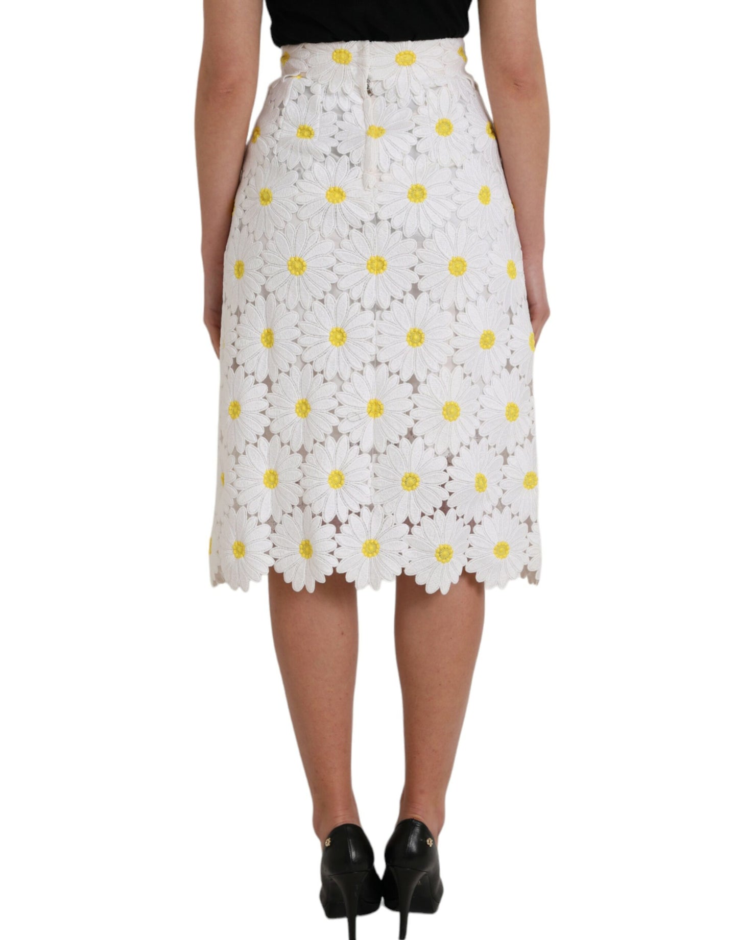 Dolce &amp; Gabbana Weißer, gerader Bleistiftrock aus Spitze mit Blumenmuster