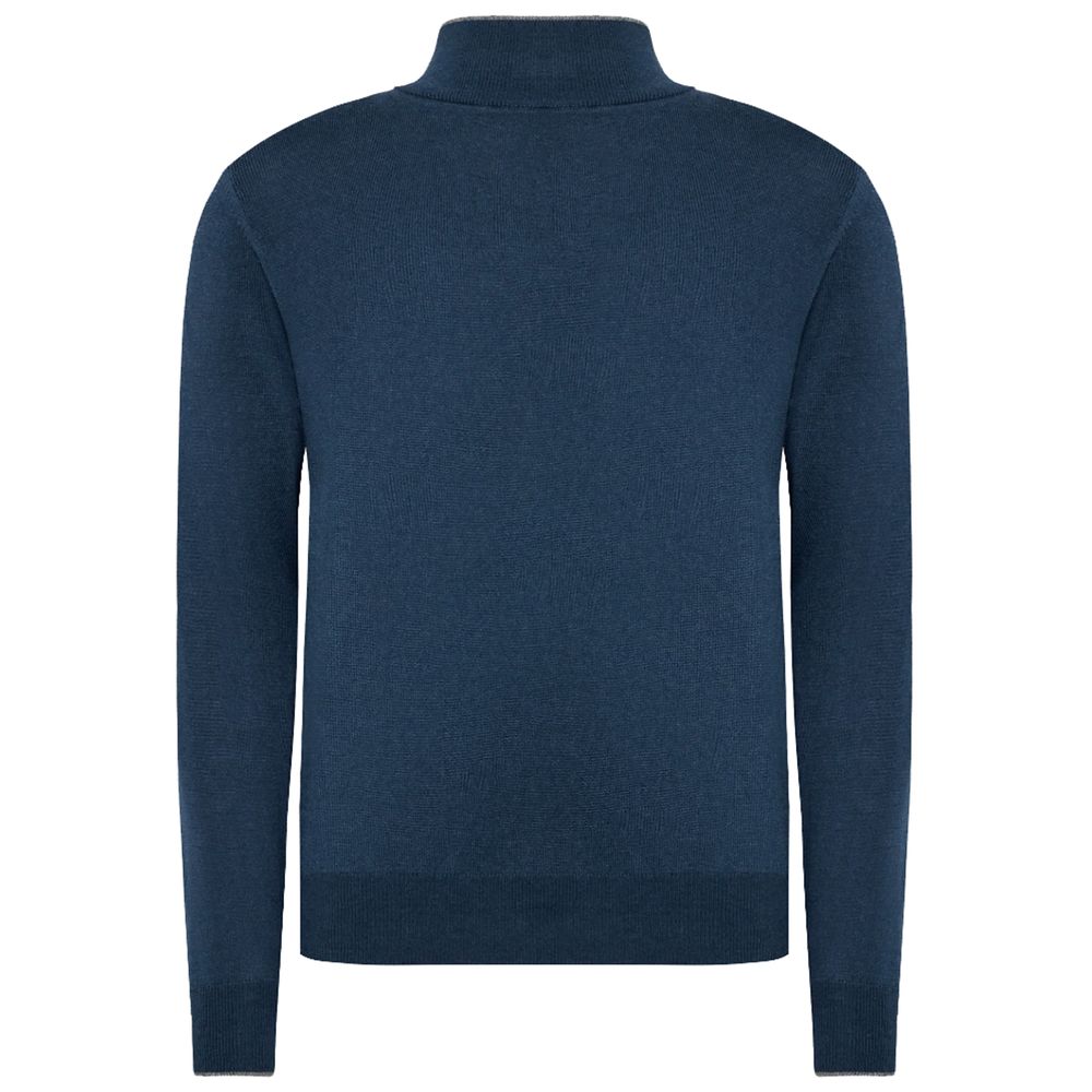 La Martina Blue Wool Men Sweater with Half Zip Closure