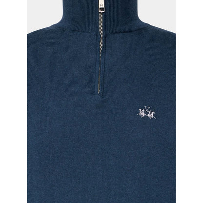 La Martina Blue Wool Men Sweater with Half Zip Closure