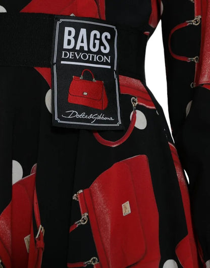 Dolce &amp; Gabbana Schwarzes ausgestelltes Midikleid mit Sicily-Taschen-Print