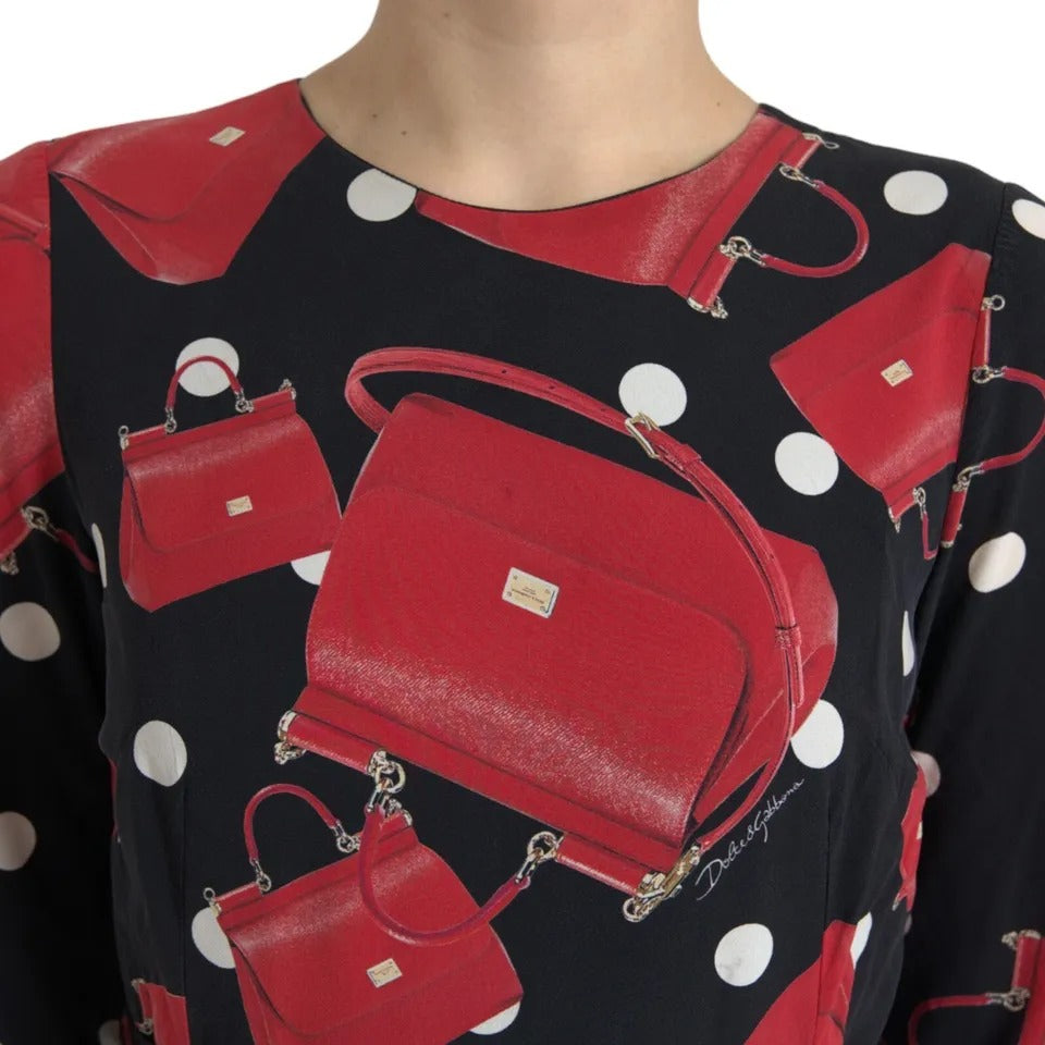 Dolce &amp; Gabbana Schwarzes ausgestelltes Midikleid mit Sicily-Taschen-Print