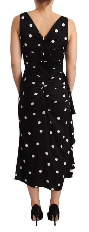 Dolce &amp; Gabbana – Schwarzes Midi-Etuikleid aus Seide mit V-Ausschnitt und Polka Dots