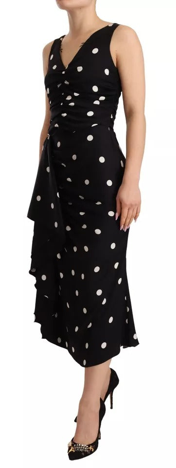Dolce &amp; Gabbana – Schwarzes Midi-Etuikleid aus Seide mit V-Ausschnitt und Polka Dots