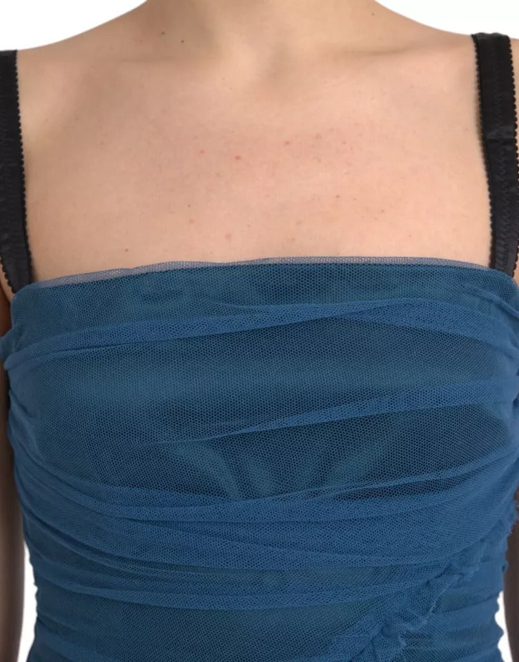 Dolce &amp; Gabbana – Etuikleid aus gerüschtem Tüll mit blauem Netzbesatz