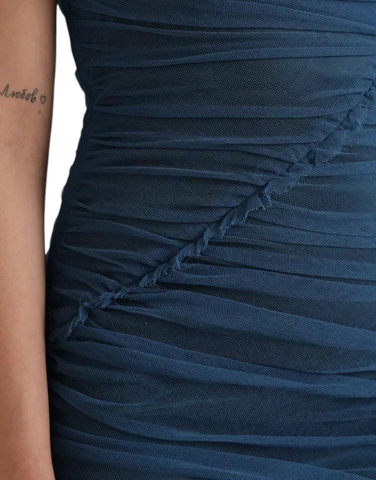 Dolce &amp; Gabbana – Etuikleid aus gerüschtem Tüll mit blauem Netzbesatz