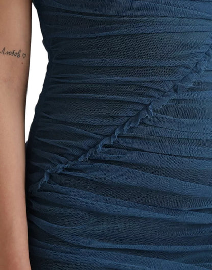 Dolce &amp; Gabbana – Etuikleid aus gerüschtem Tüll mit blauem Netzbesatz