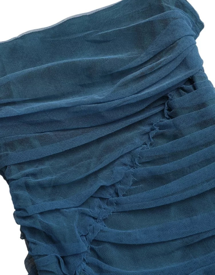 Dolce &amp; Gabbana – Etuikleid aus gerüschtem Tüll mit blauem Netzbesatz