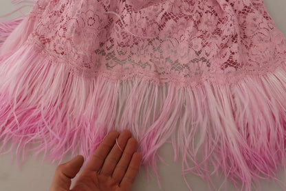 Dolce &amp; Gabbana – Etuikleid mit langen Ärmeln und Federn in Flieder