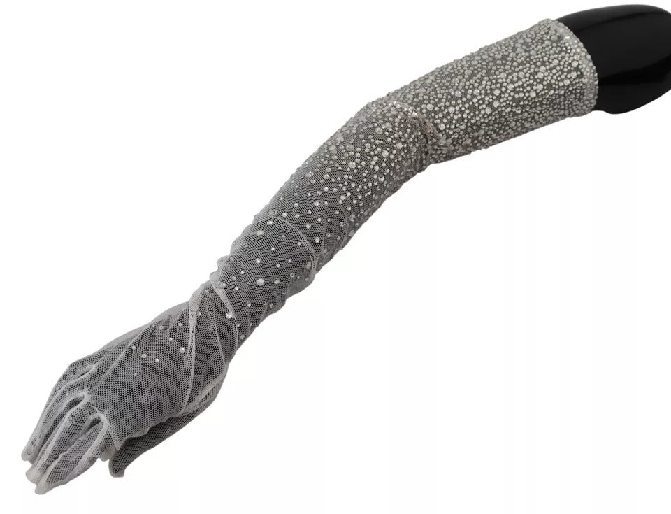 Dolce &amp; Gabbana – Ellenbogenlange Handschuhe aus Baumwolltüll in Weiß mit Kristallen