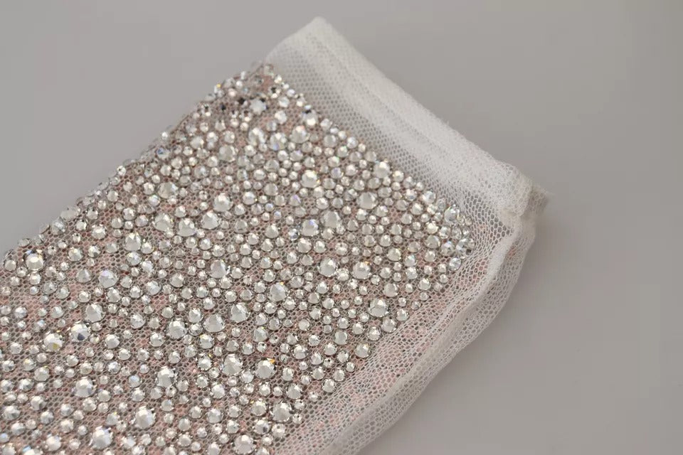 Dolce &amp; Gabbana – Ellenbogenlange Handschuhe aus Baumwolltüll in Weiß mit Kristallen