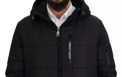 Dolce &amp; Gabbana Schwarzer Nylon-Parka mit Kapuze, Winterjacke