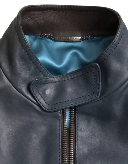 Dolce &amp; Gabbana – Blaue Biker-Blousonjacke aus Leder mit durchgehendem Reißverschluss