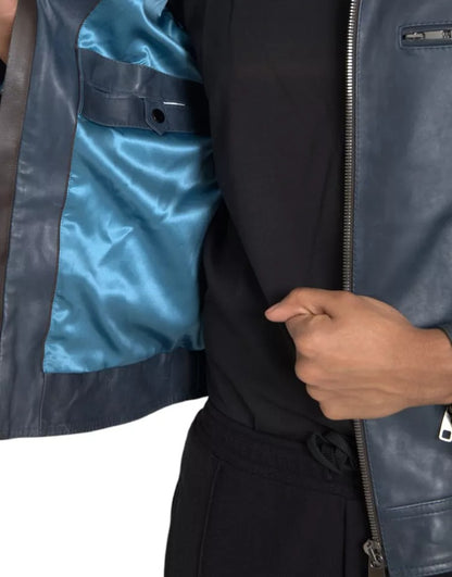 Dolce &amp; Gabbana – Blaue Biker-Blousonjacke aus Leder mit durchgehendem Reißverschluss