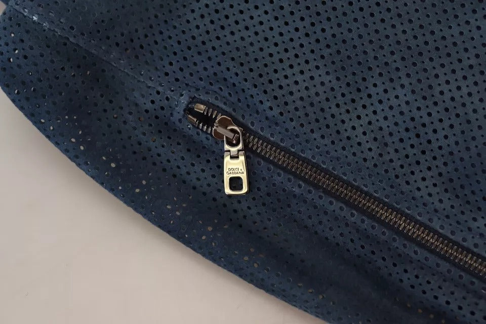 Dolce &amp; Gabbana – Blaue Lederjacke mit perforiertem durchgehendem Reißverschluss