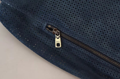 Dolce &amp; Gabbana – Blaue Lederjacke mit perforiertem durchgehendem Reißverschluss