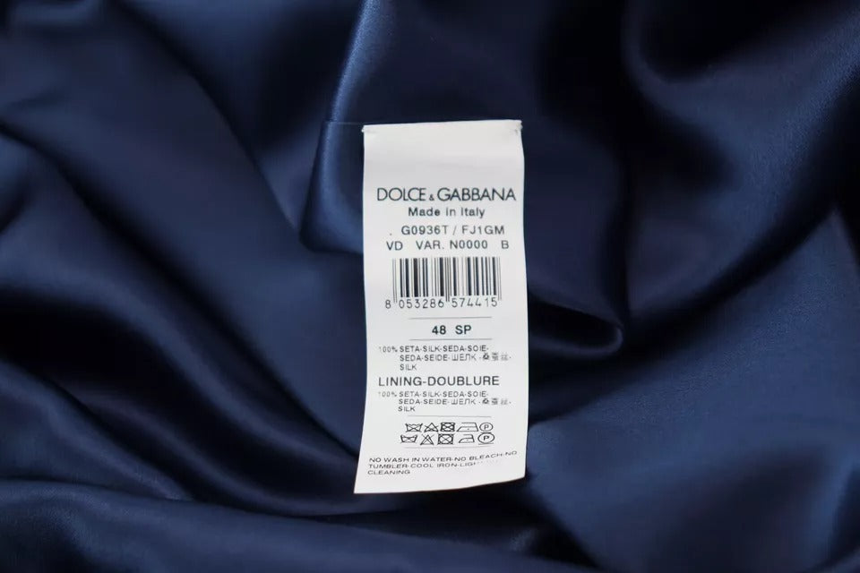 Dolce &amp; Gabbana – Blaue Robenjacke aus Satin-Seide mit Taillengürtel