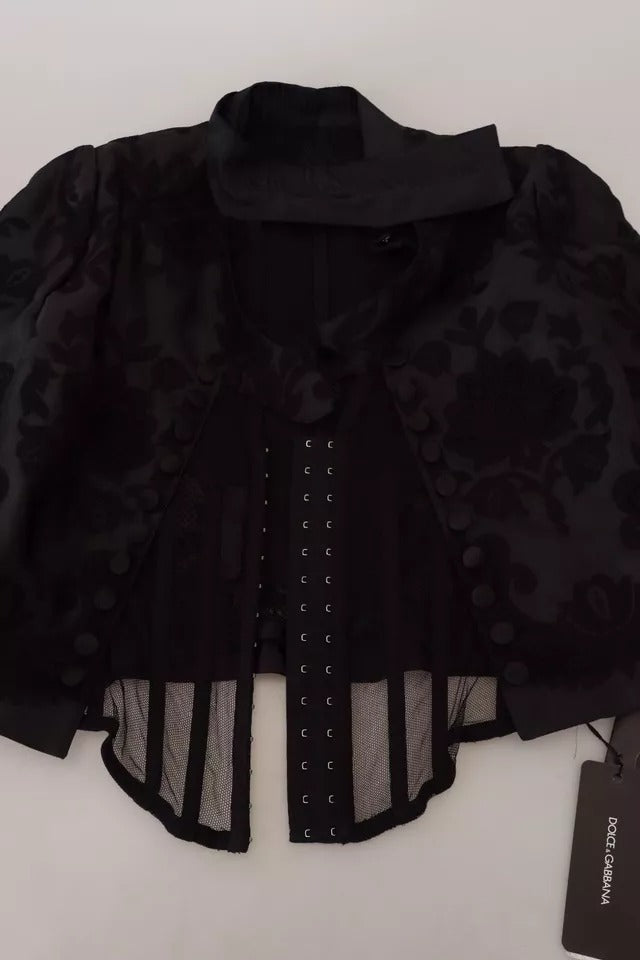 Dolce &amp; Gabbana – Schwarze, transparente Korsettjacke aus Organza-Seide mit Spitze